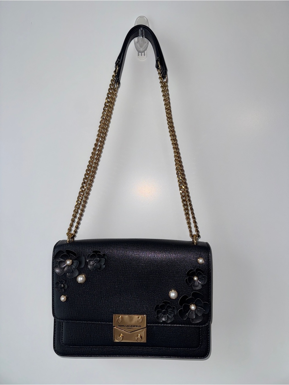 Karl Lagerfeld Black Floral-Appliqué Crossbody with Gold Hardware - Picture 6 of 7